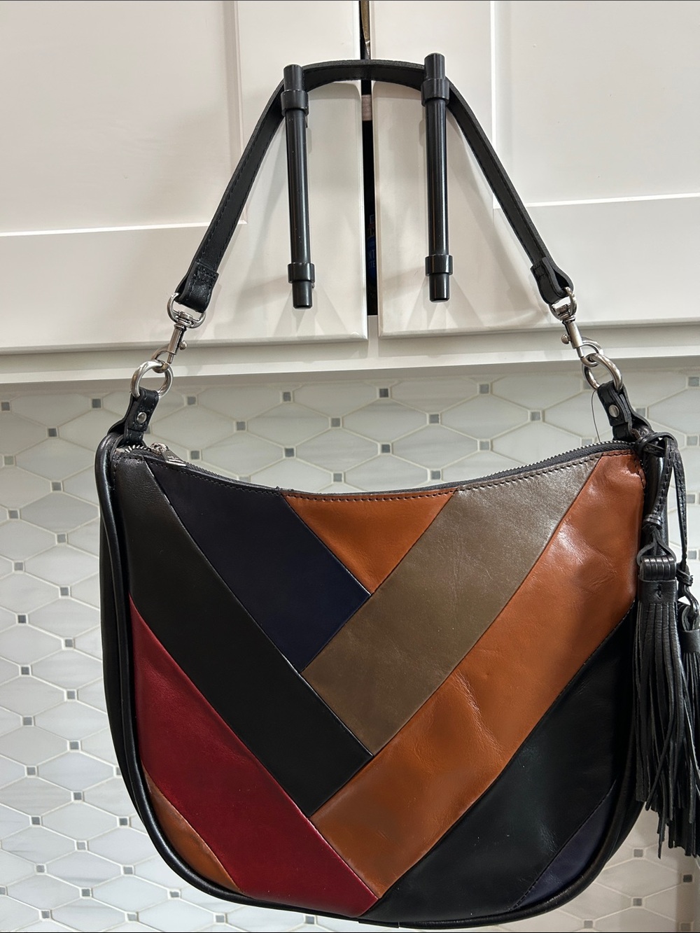 NWT Patricia Nash Black Leather Shoulder Hobo with Tassel Accent - Picture 2 of 6